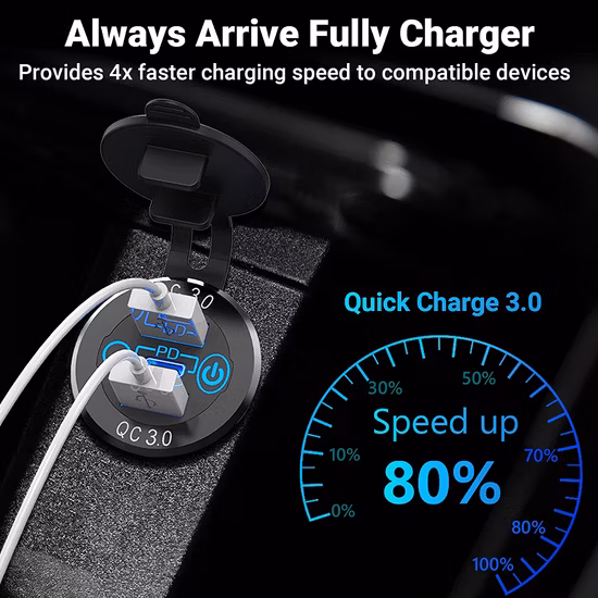 USB C 차량용 충전기 소켓, 알루미늄 금속 12V/24V 다중 USB 콘센트 Pd 20W USB